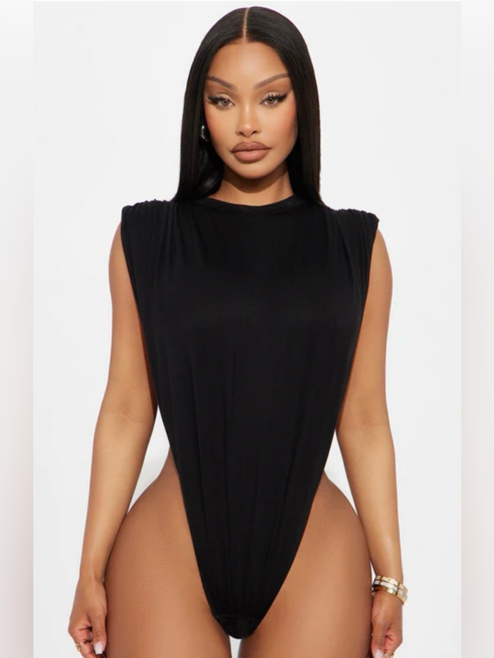 Fashion Nova Black Women's Open Concept Sleeveless Ruched Bodysuit